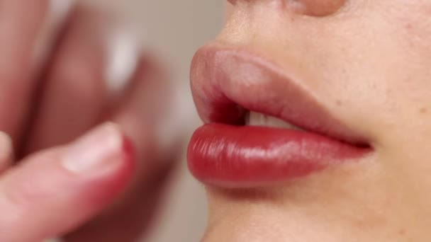 在美丽的唇上涂上红色口红 — 图库视频影像
