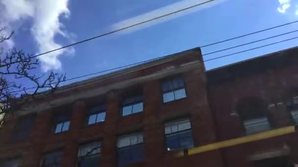 Moving Low Angle Passenger Point View Streetcar Window Looking Out — Stock Video