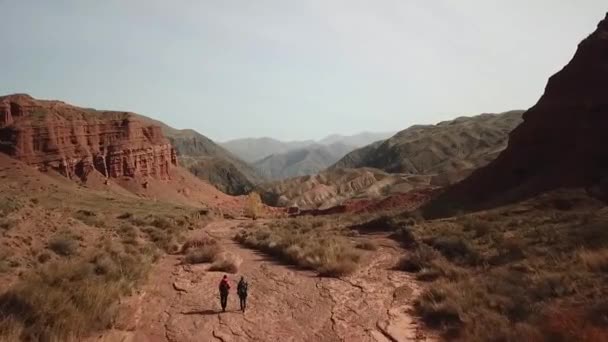Des Humains Marchant Dans Canyon Ruisseau Avec Des Falaises Rouges — Video