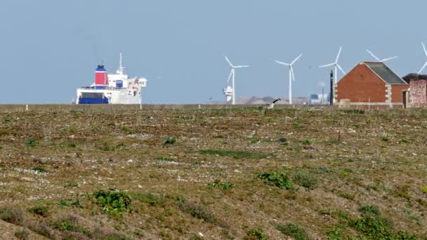 Větrné Turbíny Otáčí Přístav Loď Míří Moře Vzdálenost Výstřel — Stock video