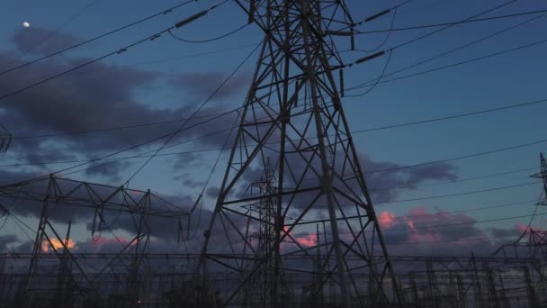 Wide Pan Tilt Electrical Towers Sky Day End — Stock Video