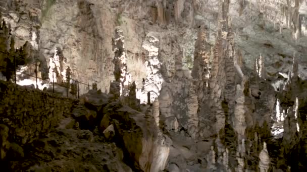 Postojna Caves Interior Pan Stalagmites Stalactites Riding Illuminated Tunnel Part — Stock Video