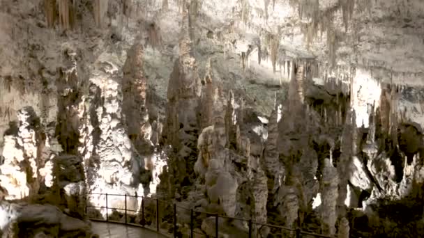 Postojna Jeskyně Vnitřní Pánev Přes Stalagmity Stalaktity Jízda Osvětleným Tunelem — Stock video