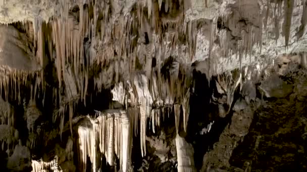 Postojna Jeskyně Vnitřní Pánev Přes Stalagmity Stalaktity Jízda Osvětleným Tunelem — Stock video