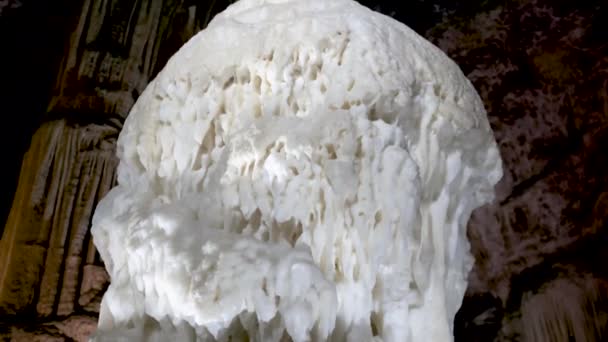 Postojna Caves Interior Pan Stalagmites Stalactites Riding Illuminated Tunnel Part — Stock Video