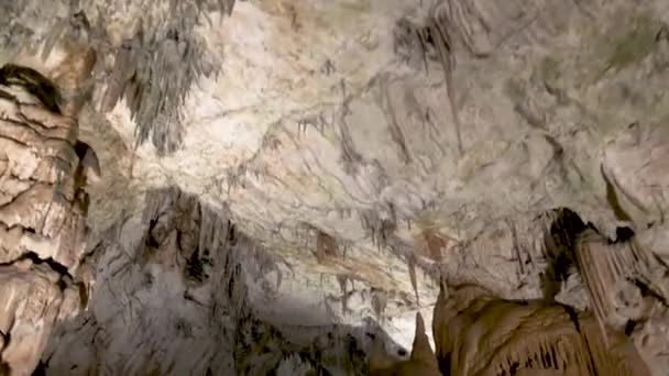 Postojna Caves Interior Pan Stalagmites Stalactites Riding Illuminated Tunnel Part — Stock Video