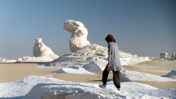 Deserto Bianco Deserto Nero Egitto Donne Che Camminano Una Roccia — Video Stock