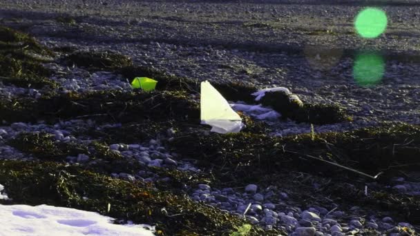 Poubelle Plastique Dans Plage Mer Arctique — Video