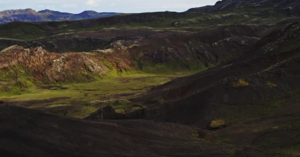 Drohnenaufnahme Eines Gebirgstals Island Leuchtend Grünes Moos Und Vulkanschwarzer Sand — Stockvideo