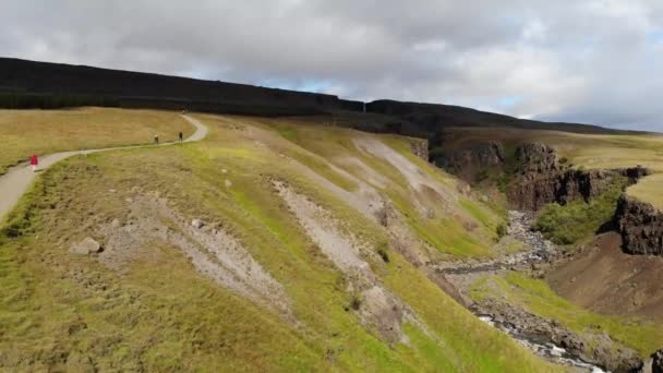 Der Hengifoss Wasserfall Island Die Drohne Macht Eine Schrägaufnahme Mit — Stockvideo