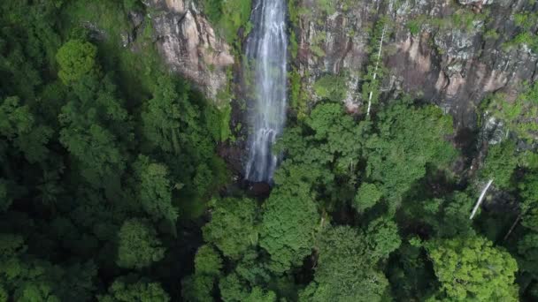 日落时瀑布和悬崖的空中景观 前景和背景是茂密的绿色森林 登山及爬山的理想地方 — 图库视频影像