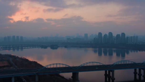 Sungai Han Kota Saat Fajar Seoul — Stok Video