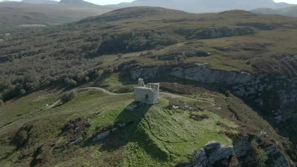 Flygfoto Över Castle Bharriich Nära Tongue Skotska Höglandet Sommardag Roterande — Stockvideo