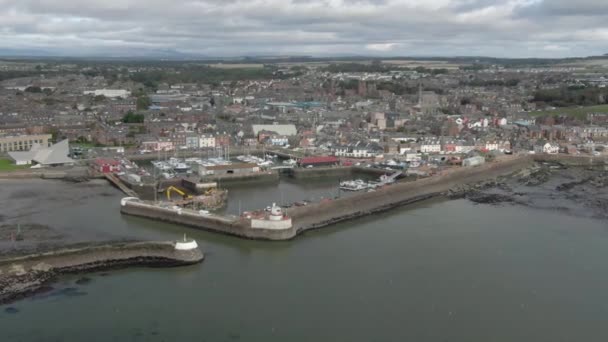 Aerial View Arbroath Harbour Town Cloudy Day Tracking Back Harbour — Stock Video