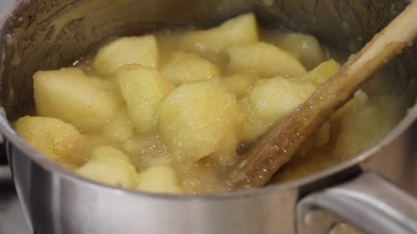 남비에 사과를 남비에 이나고 휘젓는데 사용되는 숟가락으로 부드럽게 부글부글 끓는다 — 비디오
