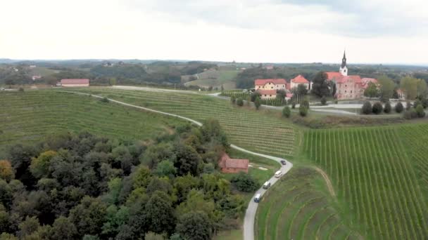 Slovenya Nın Jeruzelum Kentindeki Şarap Bölgesine Hava Perspektifinden Arabalar Kamyonlar — Stok video