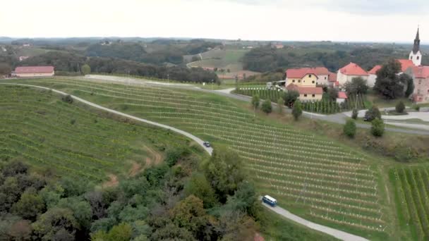 Slovenya Nın Jeruzelum Kentindeki Şarap Bölgesine Hava Perspektifinden Arabalar Kamyonlar — Stok video