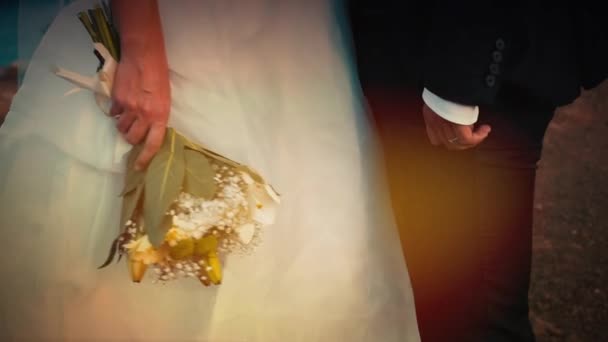 Newlyweds Brud Brudgummen Står Sida Vid Sida Visar Kläder Detaljer — Stockvideo