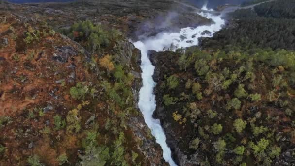 Dramatic Aerial Flying Majestic Waterfall Norway — Stock Video