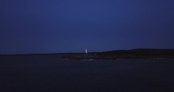 Twilight Remote Island Coast Isolated Lighthouse Tower Dramatic Cinematic Aerial — Stock video