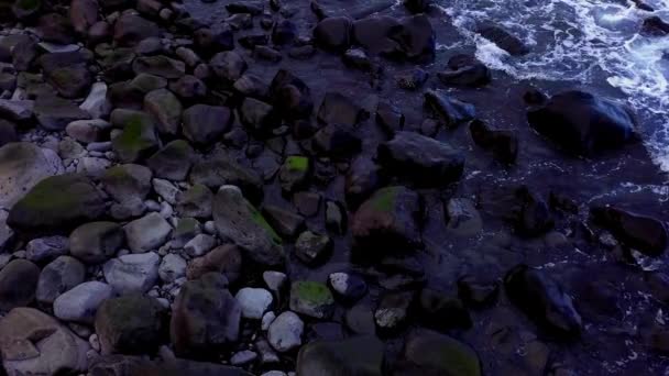 Nessuno Acqua Mare Che Scorre Rocce Vulcaniche Nere Asciutte Bagnate — Video Stock