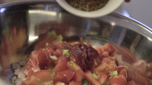 Slow Motion Macro Shot Seasoning Pouring Condiments Vegetables Bowl Tomatoes — Stock Video