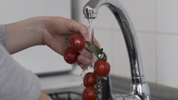 Slow Motion Schot Als Een Vrouw Wassen Cherry Tomaten Gootsteen — Stockvideo