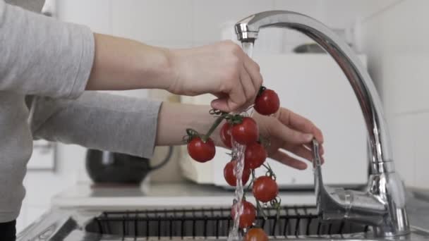 Zeitlupenaufnahme Als Frau Die Der Küche Tomaten Mit Leitungswasser Wäscht — Stockvideo