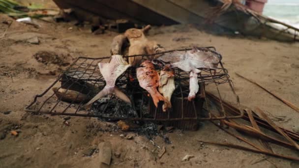 Lokal Matlagning Fisk Grill Över Öppen Eld Stranden Tobago West — Stockvideo