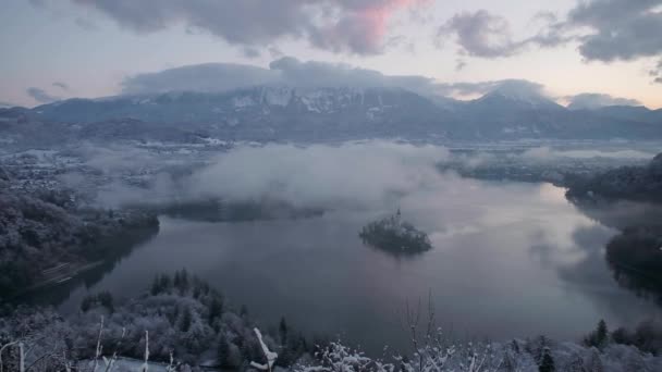Perfeito Nascer Sol Inverno Famoso Lago Sangrou Eslovénia Lago Sangrou — Vídeo de Stock