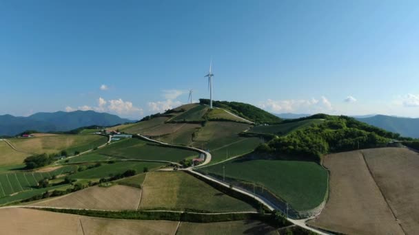 澄んだ空の高い丘の上の風力発電機 — ストック動画