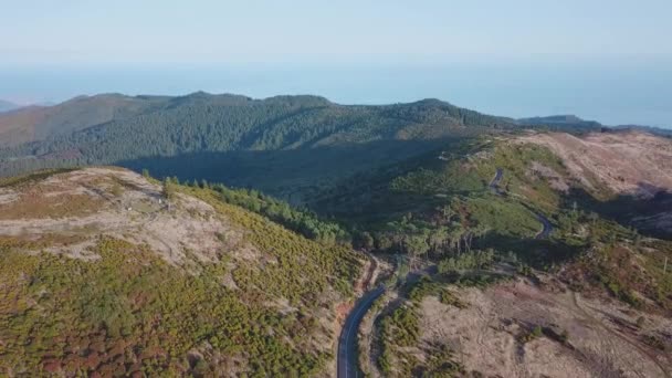 マデイラ島の道路と標高の高い山の風景の空中撮影 ドリーを反転させろ ドローン撮影 — ストック動画