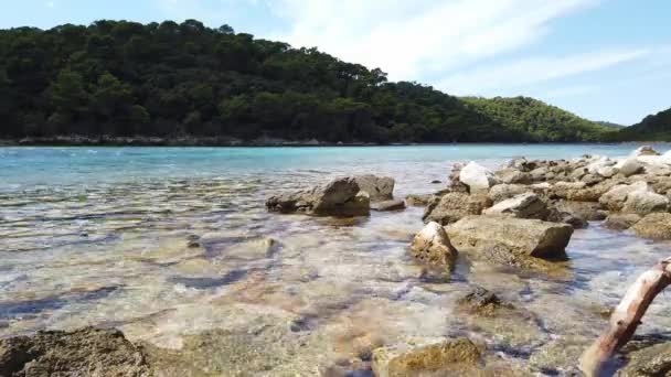 Lesklá Voda Skalnaté Pláži Poblíž Soline Ostrově Mljet Chorvatsku Jaderském — Stock video