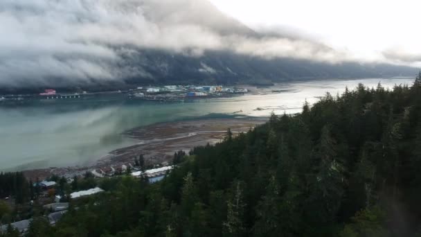 Захватывающий Дух Пейзаж Аляски Туманом Над Рекой Горами Воздушный — стоковое видео