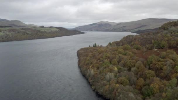 Aerial View Looking Loch Tay Autumn Day Perthshire Scotland Flying — Stock Video