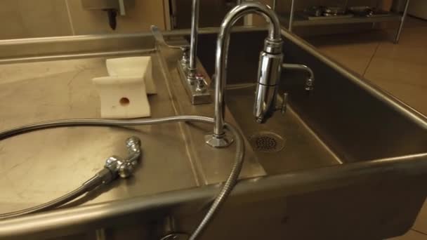 Medium Shot Empty Morgue Gurney Sink Tray Scissors — Stock Video