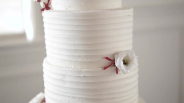 Προσκεκλημένη Λευκή Γαμήλια Τούρτα Για Δεξίωση Γάμου — Αρχείο Βίντεο