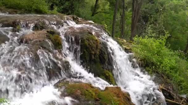 Вода Течет Скалистой Формации Покрытой Мхом Национальном Парке Крка Хорватии — стоковое видео