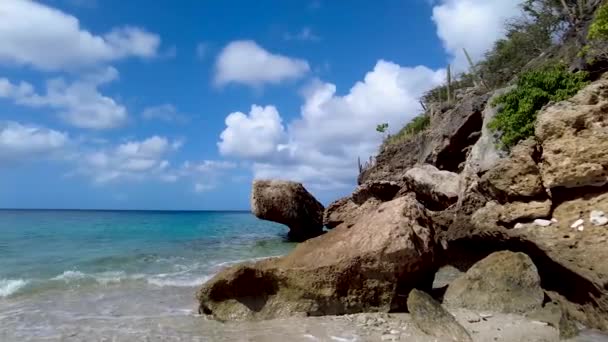 Fale Rozbijające Się Plaży Skały Słoneczny Dzień Błękitne Niebo — Wideo stockowe