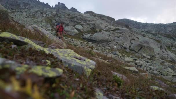 Alleinstehender Männlicher Wanderer Mit Wanderstöcken Der Tagsüber Die Felsigen Berge — Stockvideo