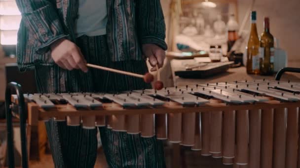 Чоловік Грає Металофоні Щоб Зробити Музику Синьому Костюмі Пейслі — стокове відео