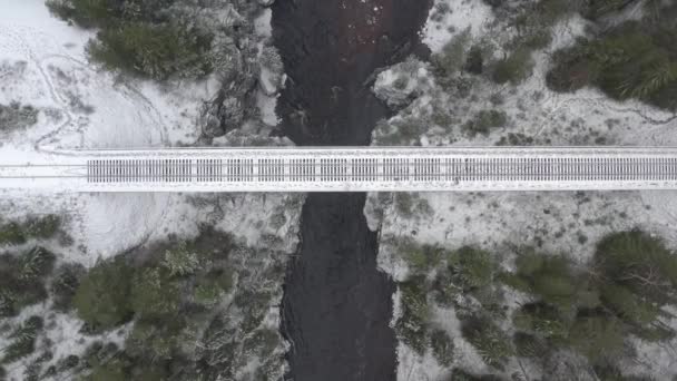 Puente Que Cruza Río Vías Tren Recto Hacia Abajo Aerial — Vídeo de stock