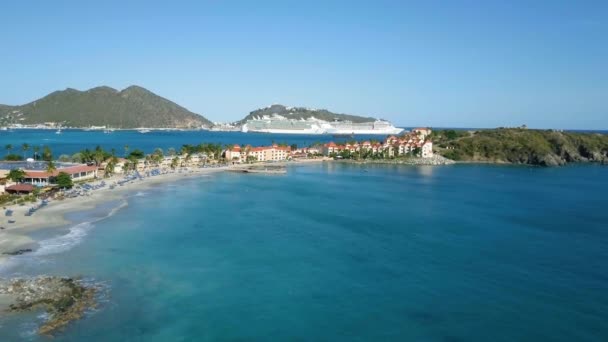Aerial View Cruise Ship Docked Port Caribbean Maarten Divi Little — Stock Video