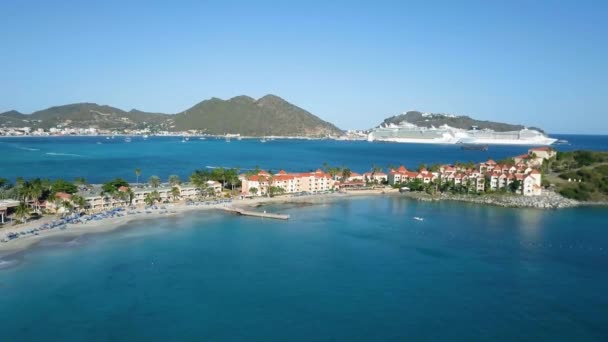 Aerial View Cruise Shipped Docked Port Divi Little Bay Maarten — Stock Video