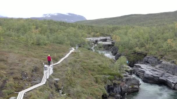 Een Persoon Wandelpad Naast Rivier Luchtfoto — Stockvideo