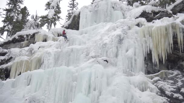 Homme Repoussant Sur Une Grosse Cascade Gelée Escalade Sur Glace — Video