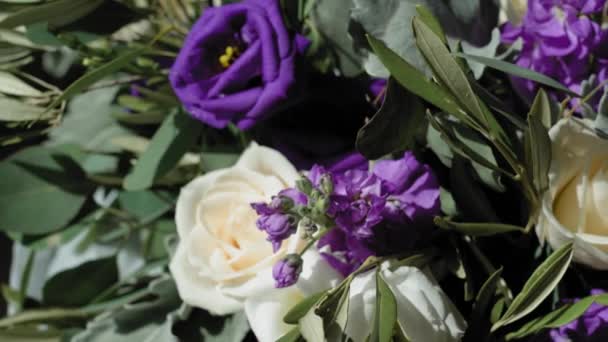 Elegant White Purple Flower Bouquet Brides Wedding Laid Out Viewing — Stock Video