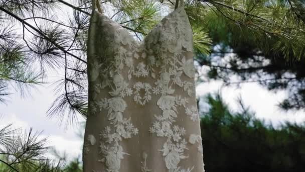 Elegante Vestido Novia Diseño Balanceándose Viento Mientras Cuelga Pino Día — Vídeo de stock