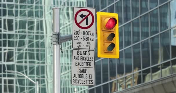 在加拿大渥太华 红色的交通信号灯从头到尾亮着 没有左拐角的标志 背景上有一个漂亮的窗户 上面覆盖着高耸的大楼 — 图库视频影像