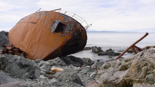 Rusty Scheepswrak Verlaten Het Rotsachtige Strand Close Met Scheepsboog — Stockvideo